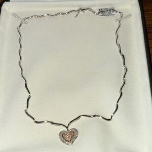 Silver Wavy Chain Necklace with Rose Gold and Clear Crystal Heart Pendant